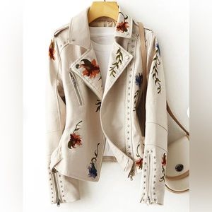 Women Retro Floral Embroidery Faux Soft Leather Jacket